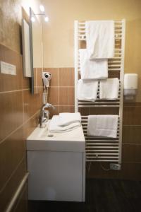 圣塞雷Le Victor Hugo - Hôtel et Restaurant - Logis Hôtels的浴室配有盥洗盆、镜子和毛巾