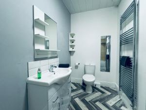 泰恩茅斯Jacksons Modern Retreat Close to Tynemouth的白色的浴室设有水槽和卫生间。