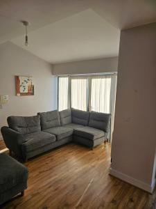 基尔肯尼Cozy 2 Bedroom Apartment的客厅铺有木地板,配有灰色的沙发。