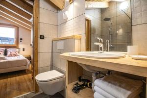 莫尔济讷Alpen Chalet的一间带水槽和卫生间的浴室以及一张床