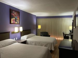 萨卡特卡斯Hotel Arroyo de la Plata的酒店客房配有两张床和一张书桌