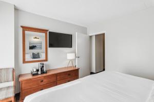 柏斯海滩Cape Suites Room 5 -Free Parking! Hotel Room的卧室配有一张床,墙上配有电视。