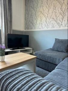 沃灵顿Charming 2-BR Property - Sleeps 5的带沙发和平面电视的客厅