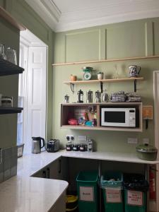 巴斯Bath Backpackers的厨房设有绿色的墙壁和台面上的微波炉