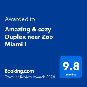 迈阿密Amazing & cozy Duplex near Zoo Miami !的手机的屏幕照,文字升级到令人惊叹的舒适鸭子,然后零点