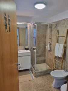 马托西纽什Honey House的带淋浴、卫生间和盥洗盆的浴室