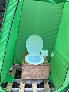 TurtletownWinedrops Creekside Camping #1的绿色帐篷内的卫生间