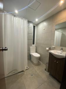 比雷埃夫斯格拉罗斯酒店的带淋浴、卫生间和盥洗盆的浴室