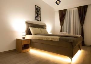 斯科普里Horizon Grey Apartment & Spa的一间卧室配有一张大床和灯光
