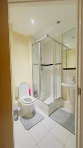 伦敦Modern 2 Bedroom Apartment- Royal Docks - London City Airport的带淋浴、卫生间和盥洗盆的浴室
