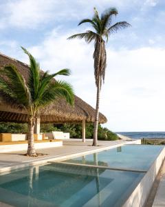 TlachicónMazul Puerto Escondido的一座拥有两棵棕榈树的度假村的游泳池
