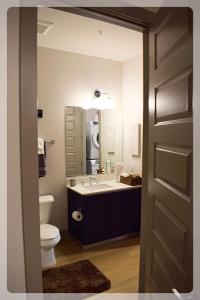 亚特兰大Atlanta at The Interlock Lux Escape的一间带水槽、卫生间和镜子的浴室
