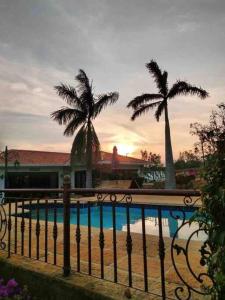 布卡拉曼加Finca Hacienda Casa Prada的棕榈树围栏和游泳池
