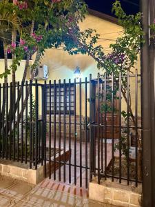 ClorindaMartita House的黑色铁栅栏,花朵花