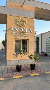 利雅德Antola Resort Al Rimal的前面有两株盆栽植物的建筑