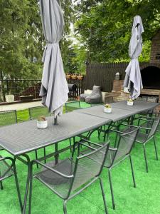 普雷代亚尔Pension Casa del Sol Predeal的一张带两把椅子和一把伞的野餐桌