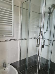 里米尼德拉普拉格酒店的带淋浴和盥洗盆的浴室