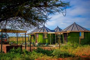 安博塞利Amanya 3-Bedroom Hut Amboseli的田野上带黑色屋顶的绿色房子
