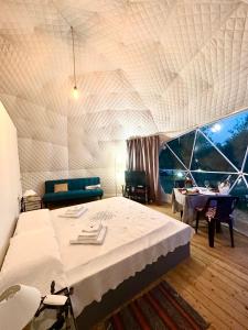 伊特里Glamping Domes San Martino的一间卧室配有一张床铺和一张桌子,另一间卧室配有一张桌子。