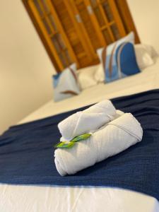 圣塞巴斯蒂安Hospedaria Morada das Orquídeas的床上有两条白色毛巾