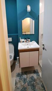 古多里Matt & Sarah’s Cozy Family Duplex的一间带水槽、卫生间和镜子的浴室