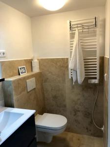 阿尔梅勒Prachtig guesthouse aan het water的浴室配有卫生间、盥洗盆和淋浴。