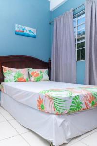卡斯特里Bougainvillea Apartments的蓝色墙壁和窗户的客房内的一张床位
