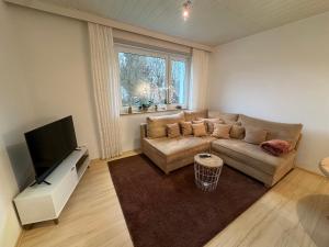 GoldkronachGemütliches Appartement - WBS的带沙发和平面电视的客厅