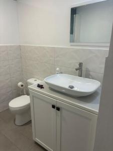 西班牙港Villa Maria的浴室配有白色水槽和卫生间。