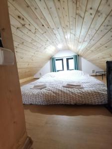 Stefana's Tiny House Nature Retreat的一张位于带木制天花板的客房内的大床