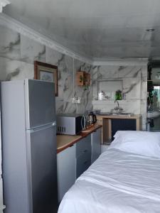 开普敦Cozy Private En Suite Studio的带冰箱的厨房和客房内的一张床