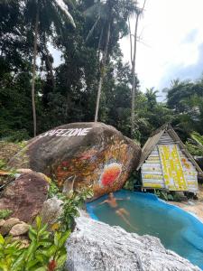 Ban Sa KetSZ Samui Glamping的游泳池旁的一块涂有涂鸦的大石头