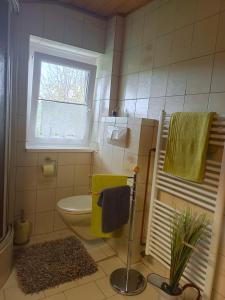 芬肯施泰因Sunwood Apartment-Ferienwohnung mit Herz的一间带卫生间和窗户的小浴室