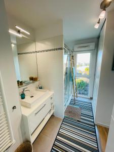 蒙彼利埃Chambre et salle de bain privée的一间带水槽和镜子的浴室
