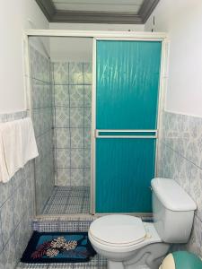 莱昂Hostal Clary的一间带卫生间和蓝色淋浴门的浴室