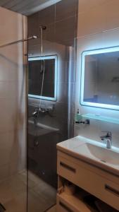 班斯科Privat apartment hotel Belvedere****的带淋浴、盥洗盆和镜子的浴室