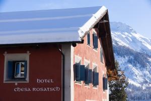 切勒里纳凯萨罗萨兹酒店 - 食物之家的山前有雪盖屋顶的建筑