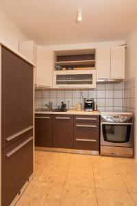温科夫齐Apartman NEBO的厨房配有不锈钢用具和棕色橱柜