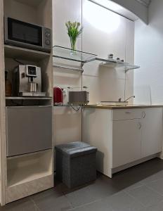 迈宁根Studio im Herzen Meiningen -Erdgeschoss-的厨房配有白色橱柜和台面