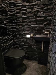Morlanwelz-MariemontLa Chambre Delta的浴室设有黑色的卫生间和石墙。