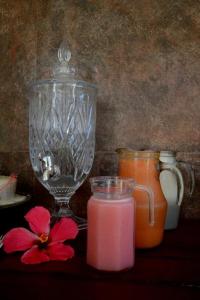 伊塔卡雷Pousada Natureza Viva的玻璃瓶和粉红色的饮料,花