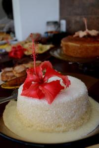 伊塔卡雷Pousada Natureza Viva的桌上的红花白蛋糕