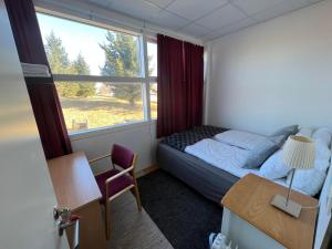 HlíðarendiGodaland Guesthouse and Glamping的一间卧室配有一张床、一张书桌和一个窗户。