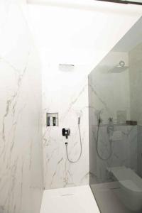 SchneppenbachModerne Wohnung mit Panorama的带淋浴和盥洗盆的白色浴室