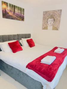 科尔切斯特2 Bedroom Flat in Colchester的一张带红色毯子和枕头的床