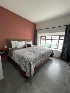 瓜达拉哈拉Quinta La Perla的一间卧室设有一张床和一个大窗户