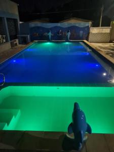 BayeuxCasa mobiliada para descanso e com piscina para o lazer há 5 min do aeroporto的拥有蓝色和绿色照明的游泳池