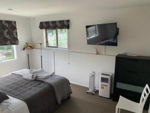奥克兰Te Rukutai的一间卧室配有一张床和一台平面电视