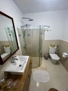Playa del HombrePlaya del Hombre Deluxe Luxury Apartments的一间带水槽、淋浴和卫生间的浴室