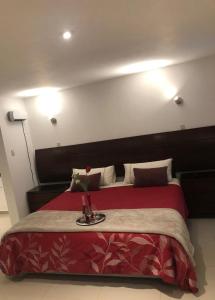 卡哈马卡HOTEL CB CAJAMARCA HUACARIZ的一间卧室配有红色的床,上面有花瓶